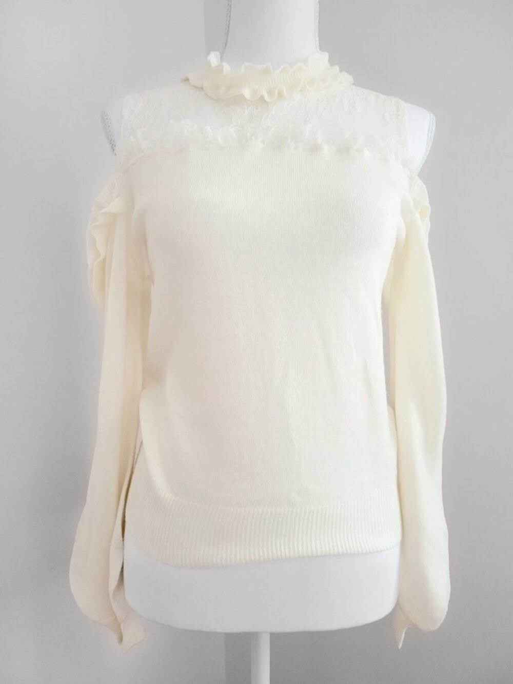 ANK ROUGE Ivory Soft Pullover Sweater Semi Sheer Lace Ruffle Collar